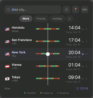 Whenish row view showing cities with timeline bars